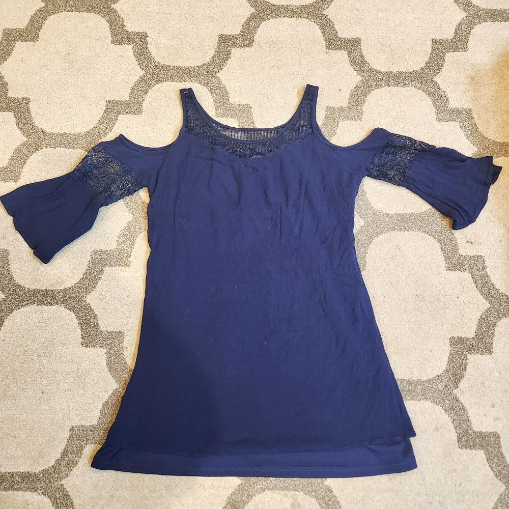 Cato Womens Navy Blue Cold Shoulder Blouse Mesh Lace Embroidered Sleeves